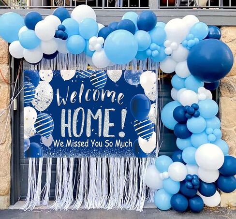 Welcome Home Banner Backdrop, Blue Silver Welcome Home Backdrop Photography Background for Army Theme Deployment Return Home Family Homecoming Party Decorations 5x4ft(Blue) in Kuwait