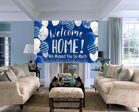 Welcome Home Banner Backdrop, Blue Silver Welcome Home Backdrop Photography Background for Army Theme Deployment Return Home Family Homecoming Party Decorations 5x4ft(Blue) in Kuwait