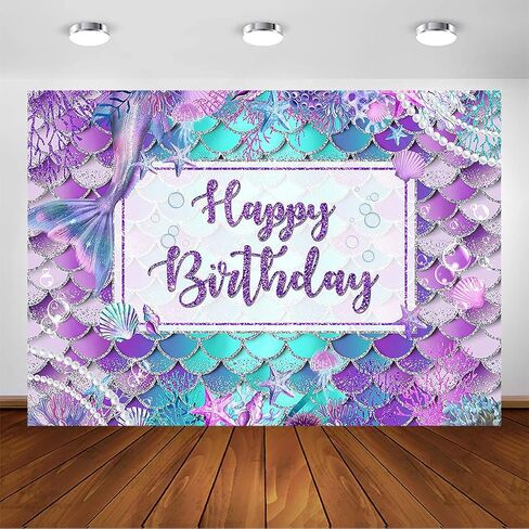 Avezano Mermaid Birthday Backdrop for Girl Under The Sea Bday Party Photography Background Glitter Purple Green Aqua Pink Mermaid Tail Birthday Party Decoration Photoshoot (Custom-Gold, 7x5ft) in Saudi Arabia