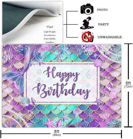 Avezano Mermaid Birthday Backdrop for Girl Under The Sea Bday Party Photography Background Glitter Purple Green Aqua Pink Mermaid Tail Birthday Party Decoration Photoshoot (Custom-Gold, 7x5ft) in Saudi Arabia