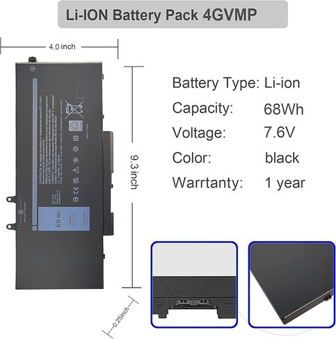 بطارية كمبيوتر محمول 4GVMP متوافقة مع Dell Latitude 5400 5500 Precision 3540 3550 Inspiron 7590/7591/7791 2 في 1 H82T6 0C5GV2 0W8GMW 1V1XF R8D7N P84F001 C5GV2 Series [7.6V 68Wh] in Kuwait