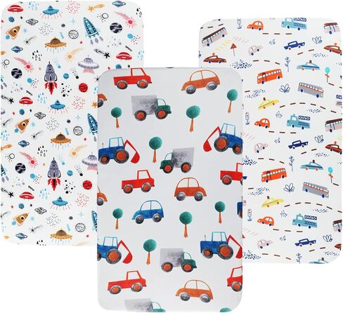 Travel Crib Fitted Sheets Set 3 Pack Compatible with Baby Bjorn, Guava Lotus Travel Crib and 24 x 42 Inch Travel Light Playard Mattress Ultra Soft Jersey Material,Rocket Satellite,Car & Bus in Saudi Arabia