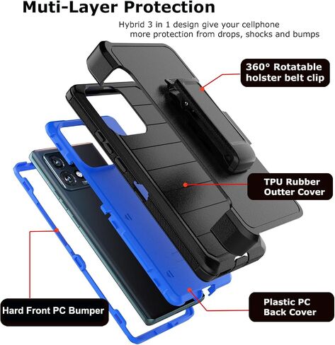 حافظة Takfox Moto Edge Plus 2023، لهاتف Motorola Edge+ 2023 حافظة هاتف واقية شديدة التحمل [3 طبقات] غطاء مطاطي متين مقاوم للصدمات ومشبك حزام دوار 360 درجة - أسود/أزرق in Kuwait