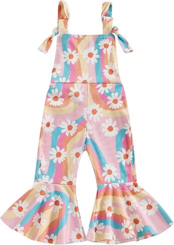 Toddler Girl Bell Bottoms Romper Floral/Butterfly Print Overalls Suspender Flare Pants One Piece Strap Jumpsuit in Saudi Arabia