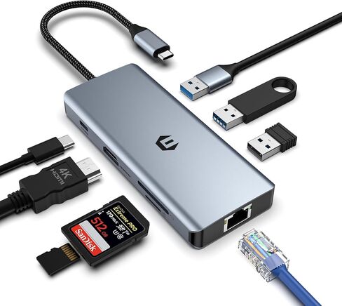 موزع USB C، محول USB C 8 في 1، شاشة مزدوجة 4K HDMI، قاعدة توصيل USB C لجهاز Mac Pro/Air (إيثرنت، USB 2.0، 5 جيجابت في الثانية USB 3.0، PD 100W، قارئ بطاقات SD/TF) لأجهزة Dell وSurface إتش بي، لينوفو in Saudi Arabia