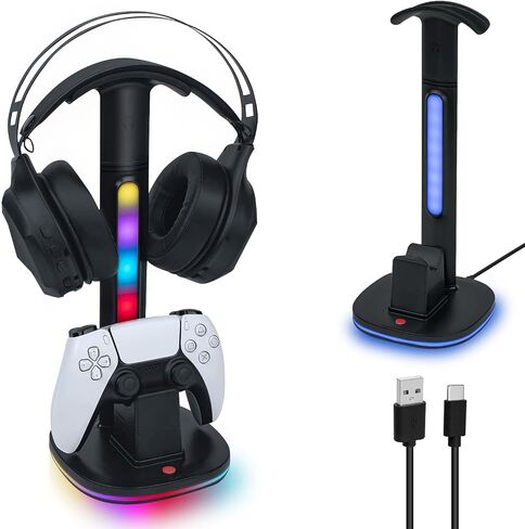 Mcbazel RGB Headset and Controller Stand with Charging Station for PS5/PS5 Elite Controller,RGB Gaming Headset Stand with PS5 Controller Charging Station-Black in Saudi Arabia