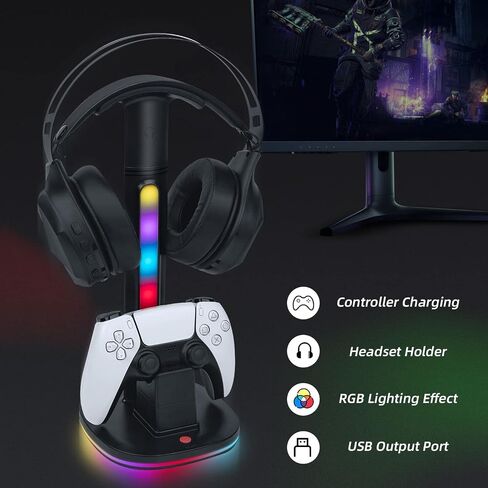 Mcbazel RGB Headset and Controller Stand with Charging Station for PS5/PS5 Elite Controller,RGB Gaming Headset Stand with PS5 Controller Charging Station-Black in Saudi Arabia