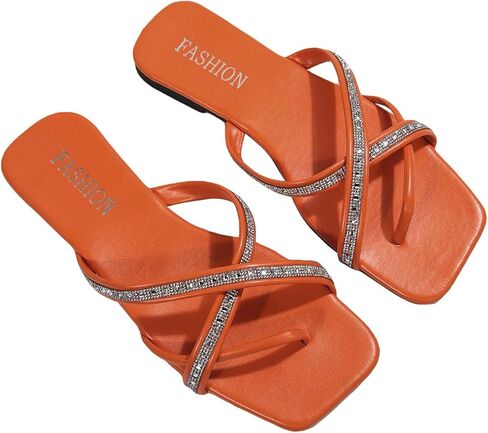 OYOANGLE Women's Rhinestone Strappy Criss Cross Thong Sandals Square Toe Slides Flat Sandals in Saudi Arabia