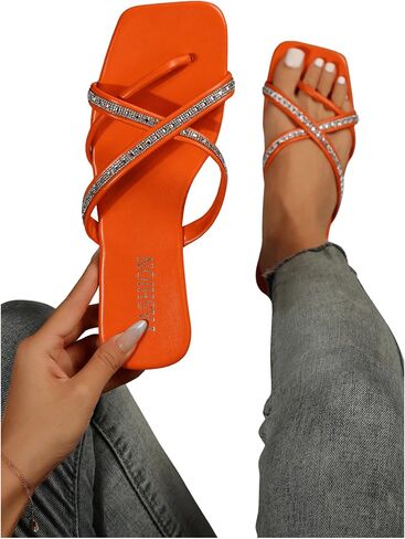 OYOANGLE Women's Rhinestone Strappy Criss Cross Thong Sandals Square Toe Slides Flat Sandals in Saudi Arabia