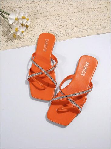 OYOANGLE Women's Rhinestone Strappy Criss Cross Thong Sandals Square Toe Slides Flat Sandals in Saudi Arabia