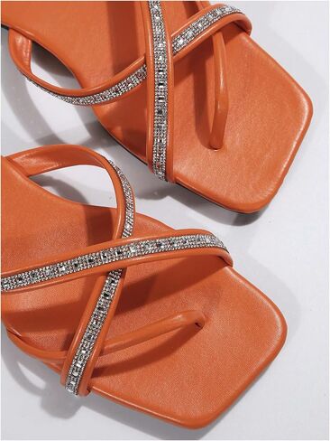 OYOANGLE Women's Rhinestone Strappy Criss Cross Thong Sandals Square Toe Slides Flat Sandals in Saudi Arabia