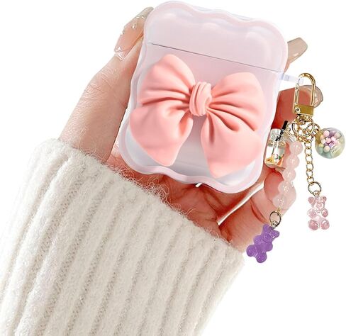 حافظة شفافة لحافظة AirPods الجيل الثاني/الأول، حافظة بتصميم ربطة عنق ثلاثية الأبعاد لطيفة لهاتف Apple Airpod 2&1 Gen مع حزام معصم من السيليكون وسلسلة مفاتيح حلوى لطيفة للنساء والفتيات، أزرق فيونكة in Kuwait