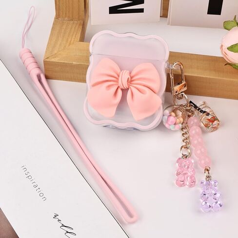 حافظة شفافة لحافظة AirPods الجيل الثاني/الأول، حافظة بتصميم ربطة عنق ثلاثية الأبعاد لطيفة لهاتف Apple Airpod 2&1 Gen مع حزام معصم من السيليكون وسلسلة مفاتيح حلوى لطيفة للنساء والفتيات، أزرق فيونكة in Kuwait