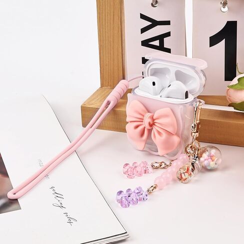 حافظة شفافة لحافظة AirPods الجيل الثاني/الأول، حافظة بتصميم ربطة عنق ثلاثية الأبعاد لطيفة لهاتف Apple Airpod 2&1 Gen مع حزام معصم من السيليكون وسلسلة مفاتيح حلوى لطيفة للنساء والفتيات، أزرق فيونكة in Kuwait