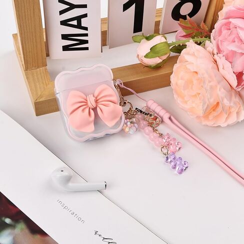 حافظة شفافة لحافظة AirPods الجيل الثاني/الأول، حافظة بتصميم ربطة عنق ثلاثية الأبعاد لطيفة لهاتف Apple Airpod 2&1 Gen مع حزام معصم من السيليكون وسلسلة مفاتيح حلوى لطيفة للنساء والفتيات، أزرق فيونكة in Kuwait