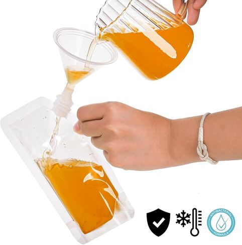 200 عبوة من أكياس المشروبات القابلة لإعادة الاستخدام مع 20 قطعة من القمع، وقوارير بلاستيكية سعة 8 أونصة، وأكياس بلاستيكية مانعة للتسرب للمشروبات للبالغين للسفر والحفلات الموسيقية in Kuwait