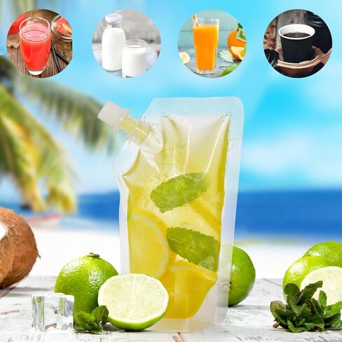 200 عبوة من أكياس المشروبات القابلة لإعادة الاستخدام مع 20 قطعة من القمع، وقوارير بلاستيكية سعة 8 أونصة، وأكياس بلاستيكية مانعة للتسرب للمشروبات للبالغين للسفر والحفلات الموسيقية in Kuwait