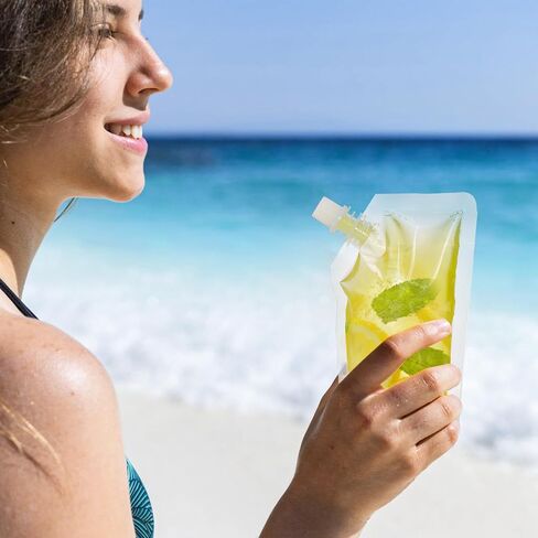 200 عبوة من أكياس المشروبات القابلة لإعادة الاستخدام مع 20 قطعة من القمع، وقوارير بلاستيكية سعة 8 أونصة، وأكياس بلاستيكية مانعة للتسرب للمشروبات للبالغين للسفر والحفلات الموسيقية in Kuwait