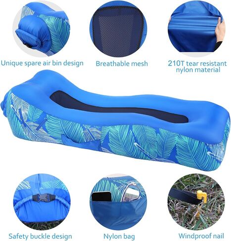 Inflatable Lounger Air Sofa with Unique Sun-shade Design, Inflatable Beach Bed with Pillow, Waterproof Inflatable Couch Camping Chair Hammock for Hiking Backyard Travel Beach Park Picnics(Blue) in Saudi Arabia