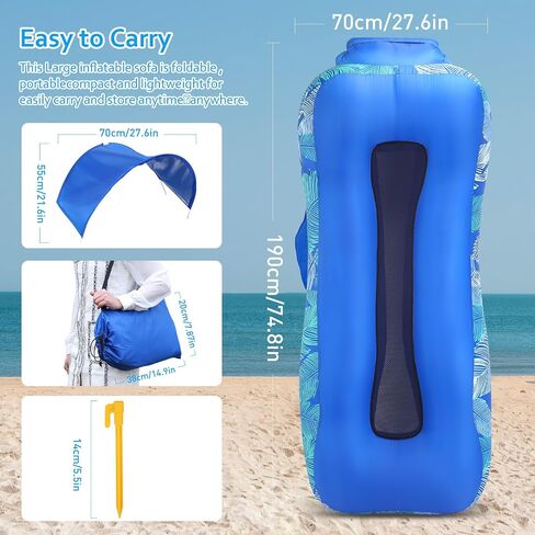Inflatable Lounger Air Sofa with Unique Sun-shade Design, Inflatable Beach Bed with Pillow, Waterproof Inflatable Couch Camping Chair Hammock for Hiking Backyard Travel Beach Park Picnics(Blue) in Saudi Arabia