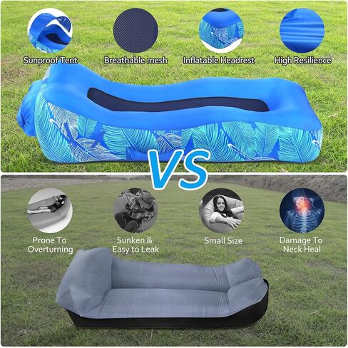 Inflatable Lounger Air Sofa with Unique Sun-shade Design, Inflatable Beach Bed with Pillow, Waterproof Inflatable Couch Camping Chair Hammock for Hiking Backyard Travel Beach Park Picnics(Blue) in Saudi Arabia