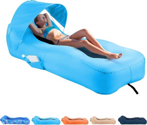 Inflatable Lounger Air Sofa with Unique Sun-shade Design, Inflatable Beach Bed with Pillow, Waterproof Inflatable Couch Camping Chair Hammock for Hiking Backyard Travel Beach Park Picnics(Blue) in Saudi Arabia