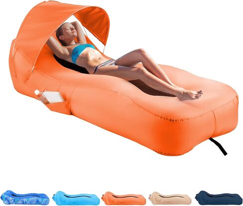Inflatable Lounger Air Sofa with Unique Sun-shade Design, Inflatable Beach Bed with Pillow, Waterproof Inflatable Couch Camping Chair Hammock for Hiking Backyard Travel Beach Park Picnics(Blue) in Saudi Arabia