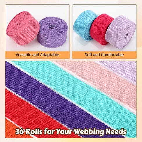 36 Rolls Heavy Cotton Webbing 118.8 Yard 36 Color Mixed Polyester Cotton Webbing Strap Tote Bags Leash Straps for Making Bag Handles, Cloth Belt, Crafts Outdoor Accessories Supplies in Kuwait
