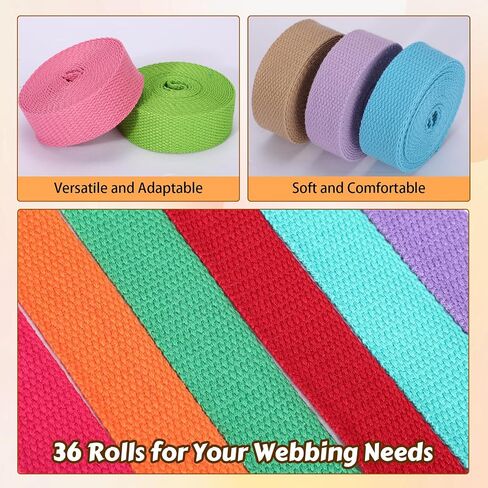 36 Rolls Heavy Cotton Webbing 118.8 Yard 36 Color Mixed Polyester Cotton Webbing Strap Tote Bags Leash Straps for Making Bag Handles, Cloth Belt, Crafts Outdoor Accessories Supplies in Saudi Arabia