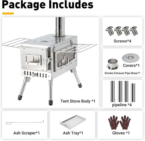 Outdoor Camping Stove Camp Tent Stove, Portable Wood Burning Stove with Chimney Pipe for Tent, Shelter, Camping Heating and Cooking (Pipe Diameter: 2.36") in Saudi Arabia