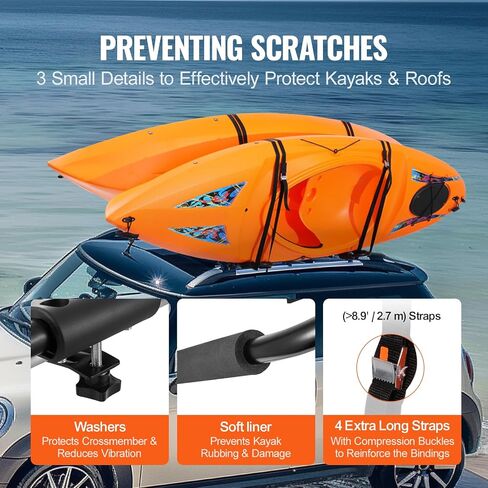 حامل سقف VEVOR Kayak زوج واحد من J-Bar، رف سقف ناعم، ربط علوي للتثبيت، حامل لقوارب الكاياك، لوح ركوب الأمواج، الزورق، SUP، لوح التزلج، مثبت على السيارة، سيارات الدفع الرباعي، الشاحنة، 2 قوارب الكاياك in Saudi Arabia