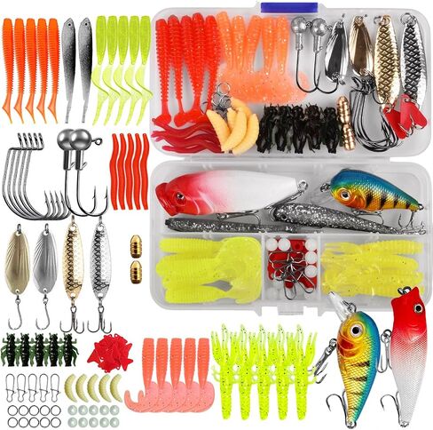 Fishing Lures Tackle Bait Kit Set - Comprehensive Fishing Lures Kit for Trout Bass Salmon - Includes Plastic Shrimp, Worm Bait, Spoon, and Crankbait Jigs in Kuwait