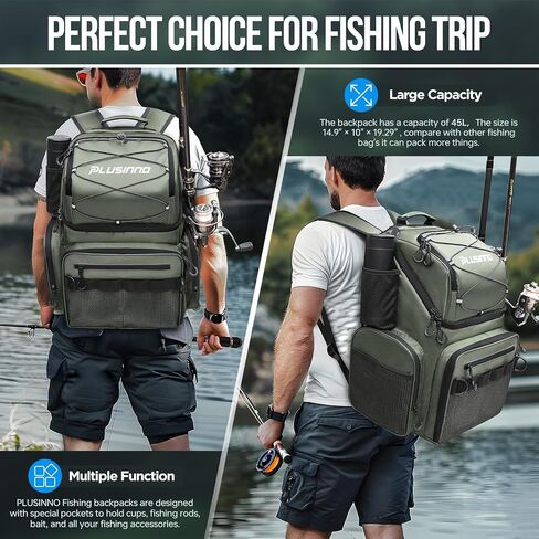 PLUSINNO Fishing Backpack with Rod Holders & Cooler, 45L Large Water-resistant Fishing Tackle Bag,Fishing Tackle Backpack in Saudi Arabia