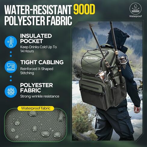 PLUSINNO Fishing Backpack with Rod Holders & Cooler, 45L Large Water-resistant Fishing Tackle Bag,Fishing Tackle Backpack in Saudi Arabia