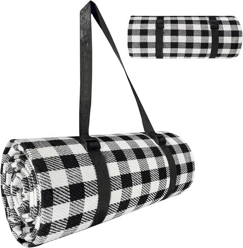 NAGAN Picnic Blanket with Carry Strap,80 * 80 inches, Large 3-Layer Beach Blanket, Black and White Plaid Camping Blanket, Backing Waterproof,Skin-Friendly, Durable for Outdoor Camping, Hiking, Beach in Saudi Arabia