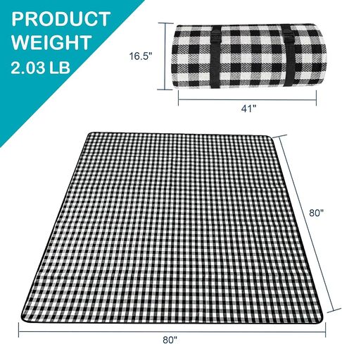NAGAN Picnic Blanket with Carry Strap,80 * 80 inches, Large 3-Layer Beach Blanket, Black and White Plaid Camping Blanket, Backing Waterproof,Skin-Friendly, Durable for Outdoor Camping, Hiking, Beach in Saudi Arabia
