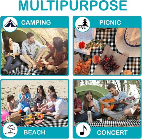 NAGAN Picnic Blanket with Carry Strap,80 * 80 inches, Large 3-Layer Beach Blanket, Black and White Plaid Camping Blanket, Backing Waterproof,Skin-Friendly, Durable for Outdoor Camping, Hiking, Beach in Saudi Arabia