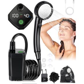 Portable Shower for Camping, [Long-Lasting] Spopal 6000mAh Rechargeable Camping Shower with Intelligent LED Display, 4 Spray Modes, IPX7 Waterproof Outdoor Shower Kit for Hiking, Travel, Car, Pet