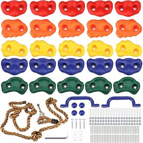 Yaegoo 25pcs Rock Climbing Holds, Rock Climbing Holds with Climbing Rope and Handles, Mounting Hardware Included