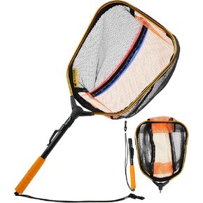 Floating Fishing Net, Fish Landing Net with 360 Degree Adjustable Mesh Head, Foldable Fishing Net Built in Length Scale, Fly Fishing net with Auxiliary Handle, Rubber Coated Net for Trout