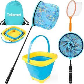 Kids Fishing Net, Aluminum Alloy Fishing Net Telescoping Handle, Foldable Heach Huckets for Kids, Butterfly Net with Storage Bag, Beach Net for Kids, Small Fishing Net, Butterfly Net for Kids