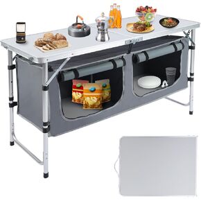 Outdoor Folding Table, Camping Table with Storage Organizer, Portable Aluminum Composite Panel Lightweight Table, 3 Adjustable Height, for Indoor, BBQ, Party, Picnic, Camping, Hiking, Beach