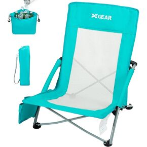 High Back Folding Beach Chair with Detachable Cooler bag High Back Mesh Back Sand Chair for Beach, Lawn, Camping, Travel, Support Up to 350 lbs