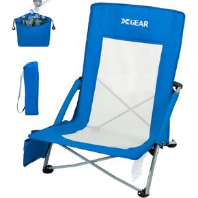 High Back Folding Beach Chair with Detachable Cooler bag High Back Mesh Back Sand Chair for Beach, Lawn, Camping, Travel, Support Up to 350 lbs