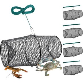 4 Set Minnow Trap Crawfish Trap with Closure Spring Clip and 4 Pcs Hand Ropes Fishing Trap for Crayfish Crawdad Lobster Crab Bait Metal Net Cage Crawfishing