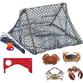 George Garden Crab Trap, Foldable crab trap cage, Fishing Traps Nets for Dungeness, Rock and Blue Crab (Triangle Traps + Crab Measuring Ruler +Signal Sphere)