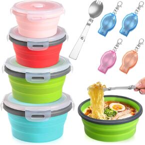 4 Set Camping Bowl with Lid Collapsible Silicone Bowl with Foldable Stainless Steel Fork Salad Bowl Portable Folding Fork Set for Travel Picnic Camping Utensils (Bright Colors,41 oz)