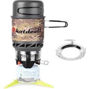 0.75+0.25L Backpacking Camping Stove Cooking System with Piezo Ignition, Outdoor Portable Burner with Pot & Metal Holder Camping Stove Kit Propane, Ideal for Hiking Fishing Hunting Emergency