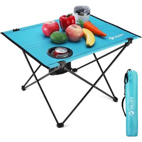 VILLEY Folding Camping Table, Portable Camping Table with 2 Cup Holders & Carry Bag for Camping, Picnic, Beach, Fishing, Travel and Outdoor Activities