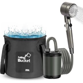 Catlyn Portable Camping Outdoor Shower Kit with 20L Collapsible Bucket 10000mAH Rechargeable Electric Intelligent Digital Display Shower Pump for Outside Hiking Dog Bath Beach Traveling (Grey)